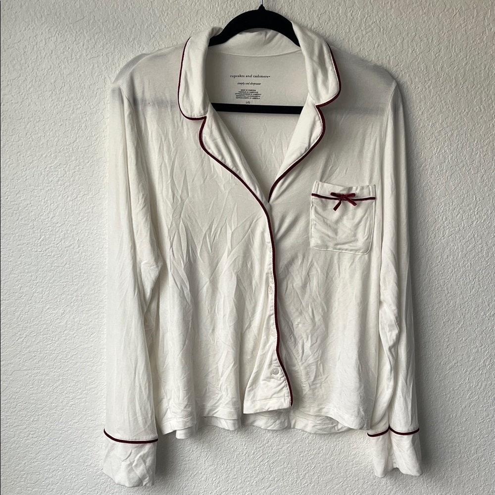 Cupcakes & Cashmere White Pajama Top with Burgundy Bow and Piping